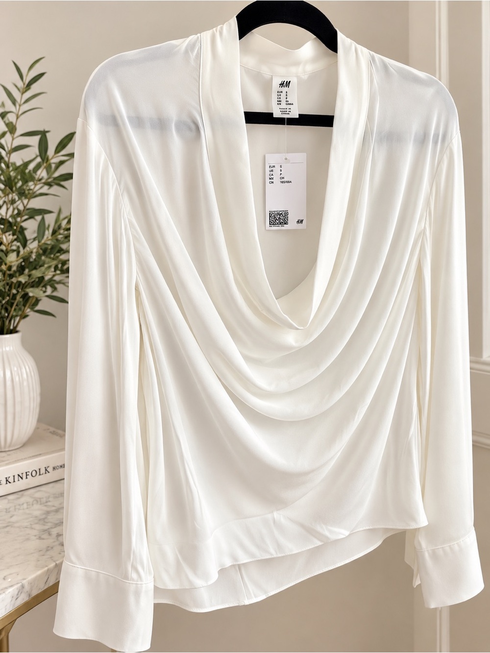 NWT H&M White Cowl Neck Draped Blouse Long Sleeve XS